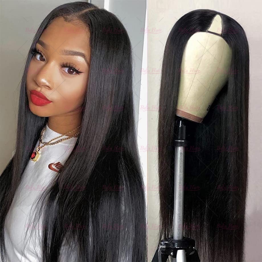 Wholesale  V Part Human Hair Wigs Brazilian Virgin Straight 200% Density Pre Plucked Glueless Middle Part Wig