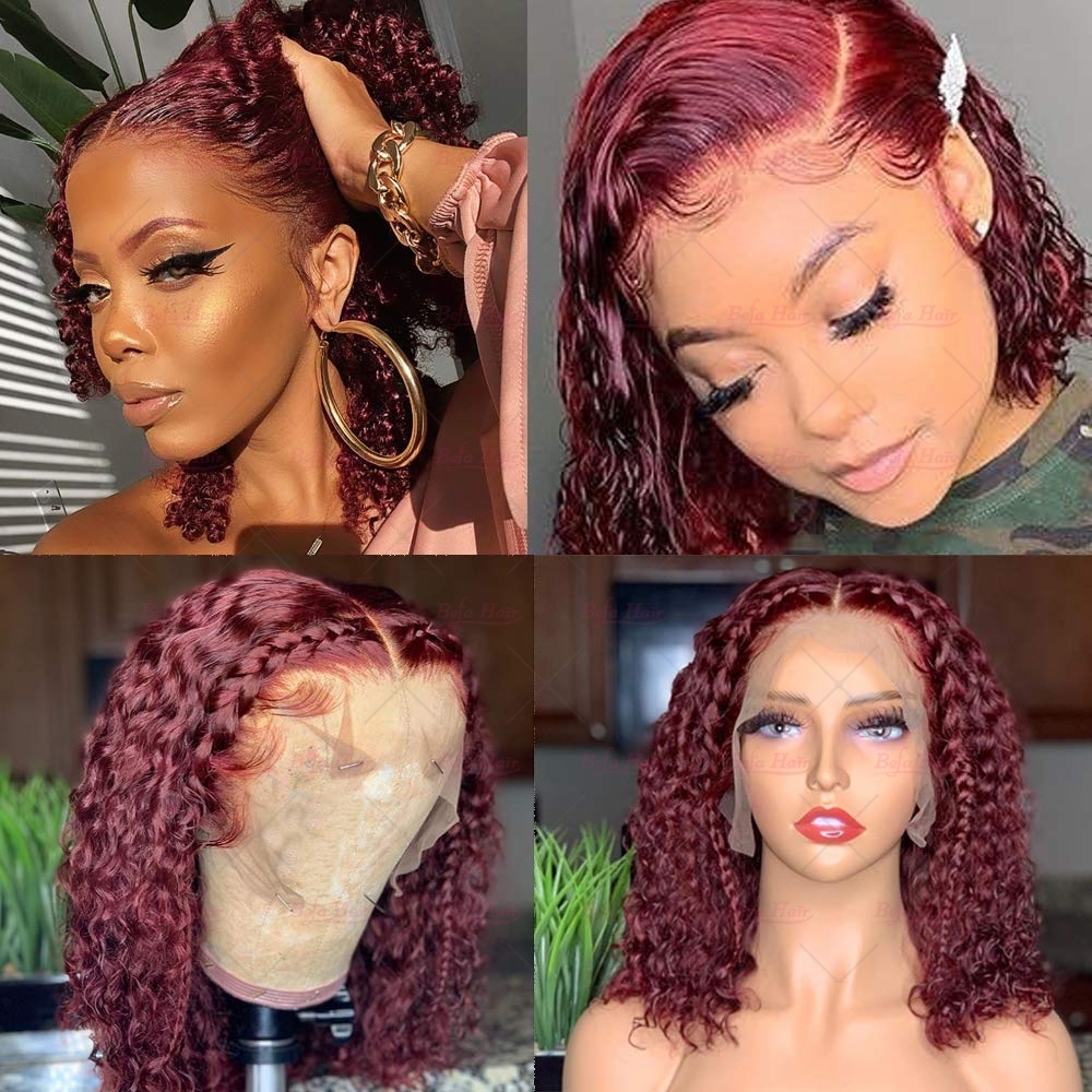 Wholesale Short Bob Wigs Blonde Highlight 99J# Pre-Plucked Deep Curly 13x4 Lace Frontal Wigs Human Hair 150% Density Wig