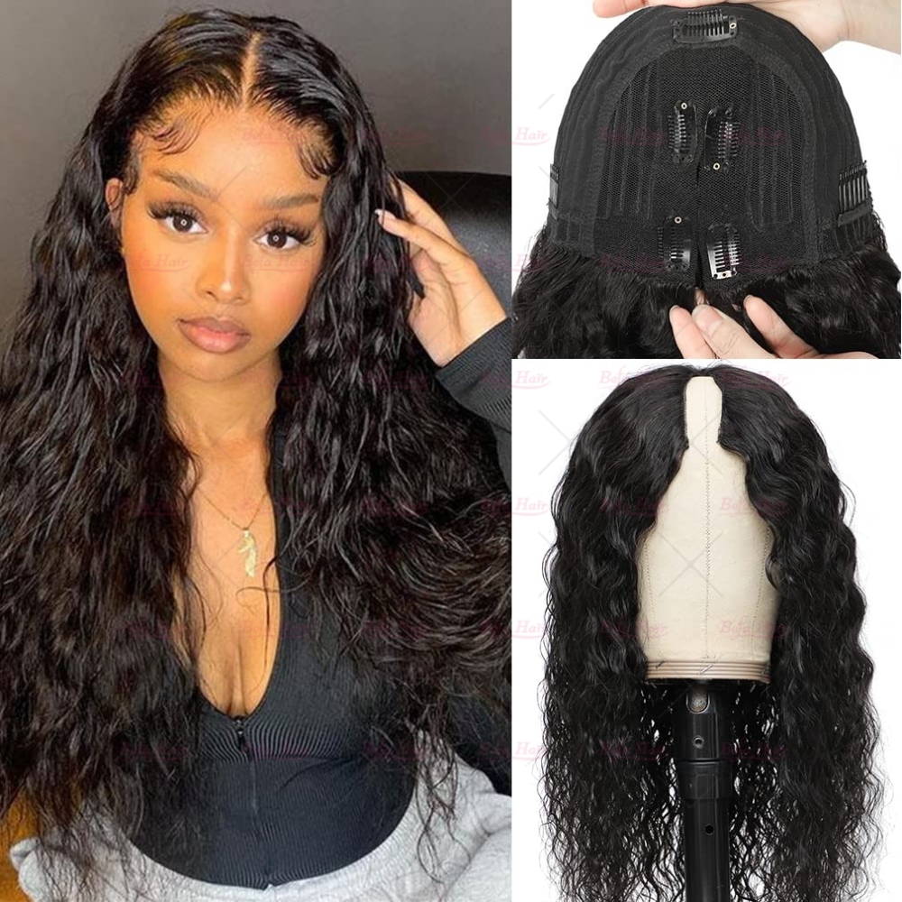 Wholesale V Part Human Hair Wigs Brazilian Virgin Water Wave 200% Density Pre Plucked Glueless Middle Part Wig