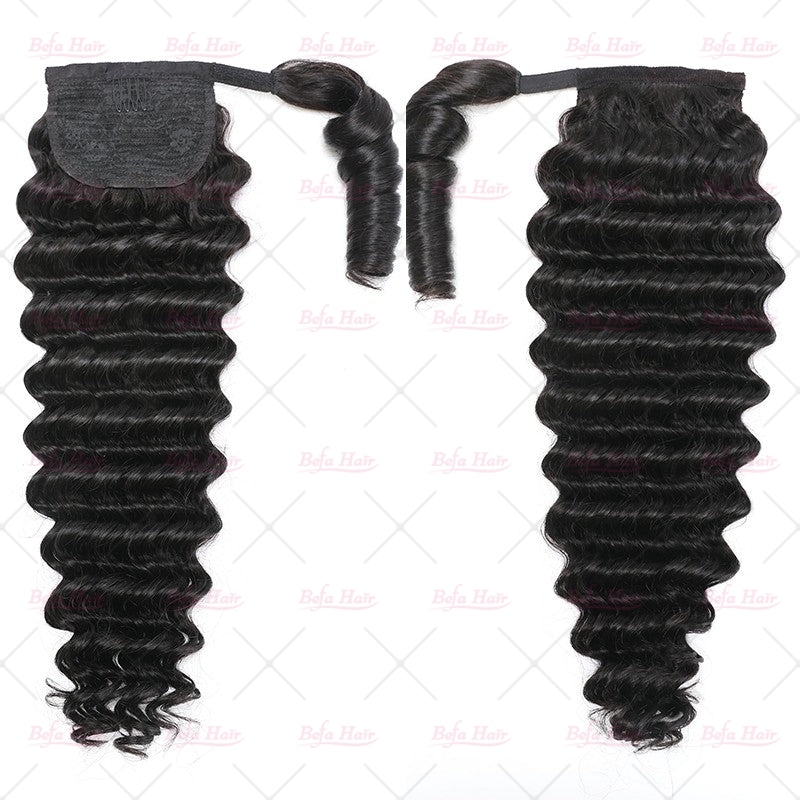 Wholesale Wrap-around Magic Velcro Deep Wave Hair Ponytail With Clip In 100% Human Hair