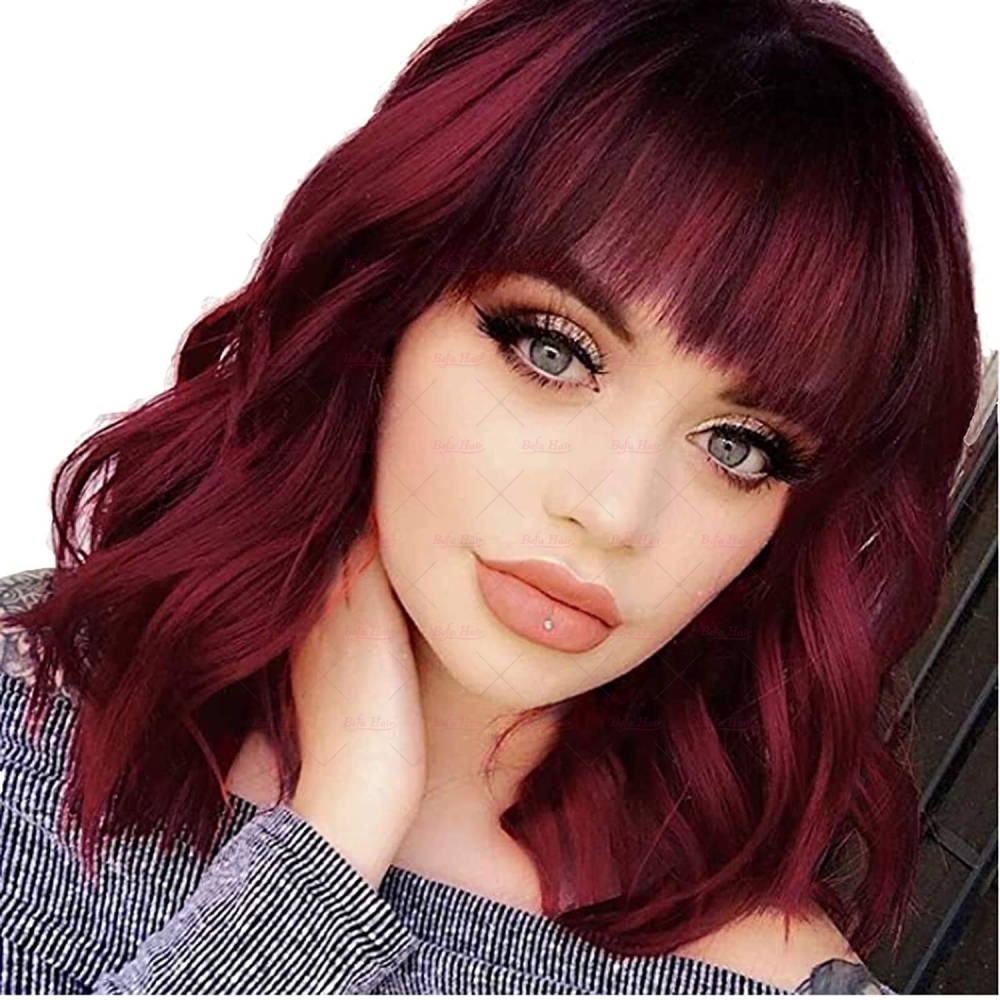 Wholesale Throw On&GO;Go Body Wave Bob Ombre Color Red Bob Wig With Curtain Bangs 150% Density