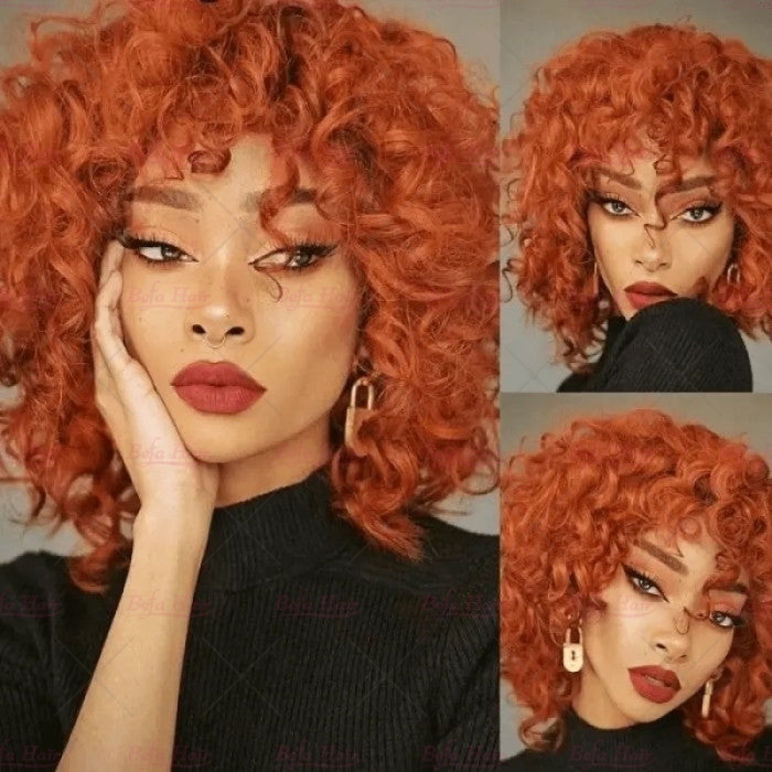 Wholesale Throw On&Go Ginger Orange Glueless Short Pix Cut Bob Wigs Bouncy Curls with Bangs