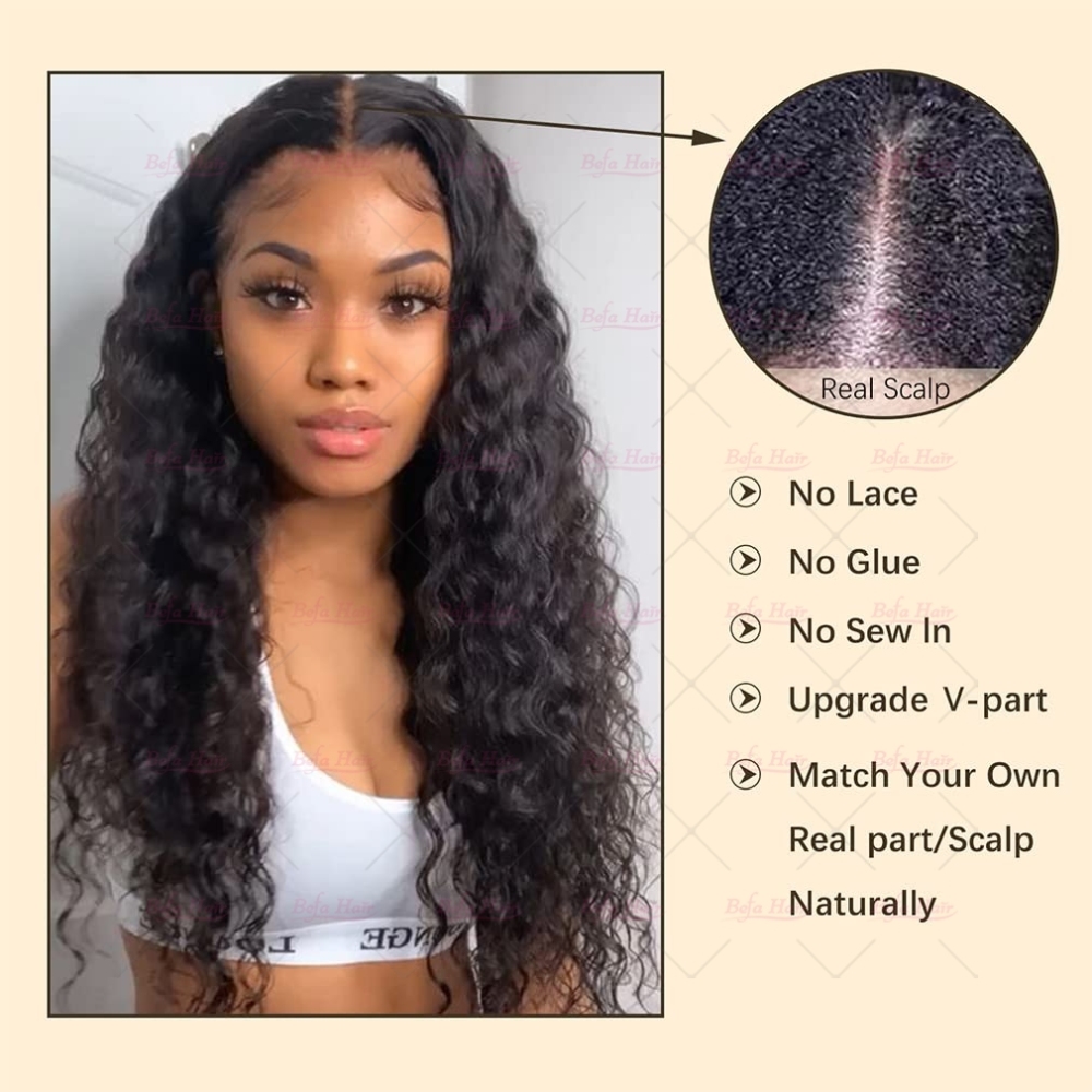 Wholesale V Part Human Hair Wigs Brazilian Virgin Water Wave 200% Density Pre Plucked Glueless Middle Part Wig