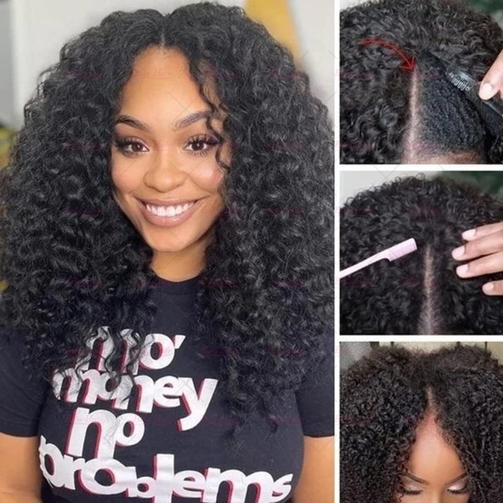 Wholesale V Part Human Hair Wigs Brazilian Virgin Kinky Curly 200% Density Pre Plucked Glueless Middle Part Wig