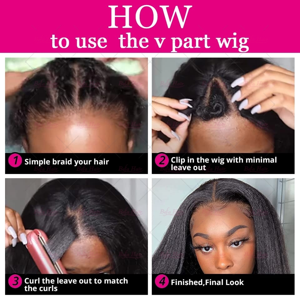 Wholesale V Part Human Hair Wigs Brazilian Virgin Kinky Straight 200% Density Pre Plucked Glueless Middle Part Wig
