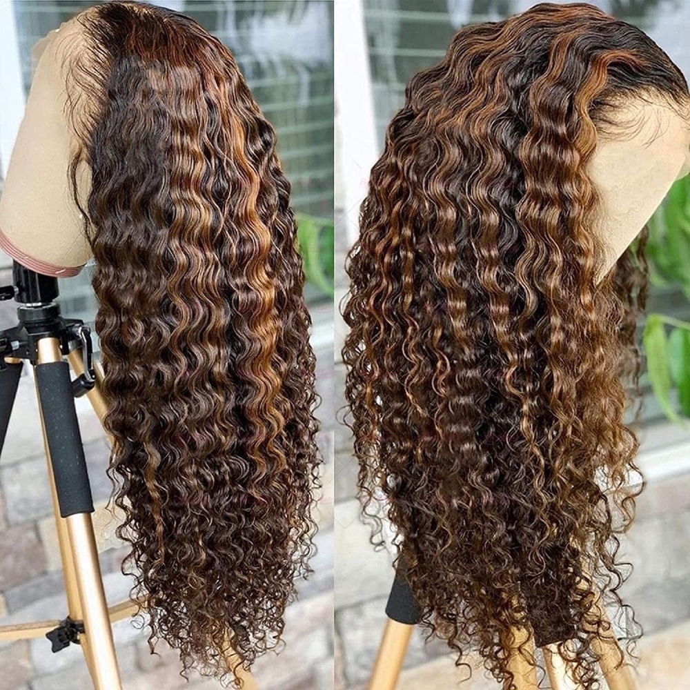 Wholesale Highlight P4/27# Deep Curly 4X4 5X5 13X4 13X6 360 HD/ Transparent Lace Wig Pre-plucked Human Hair Wigs