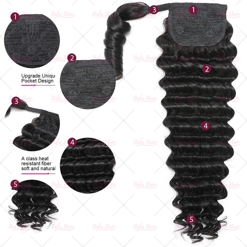 Wholesale Wrap-around Magic Velcro Deep Wave Hair Ponytail With Clip In 100% Human Hair