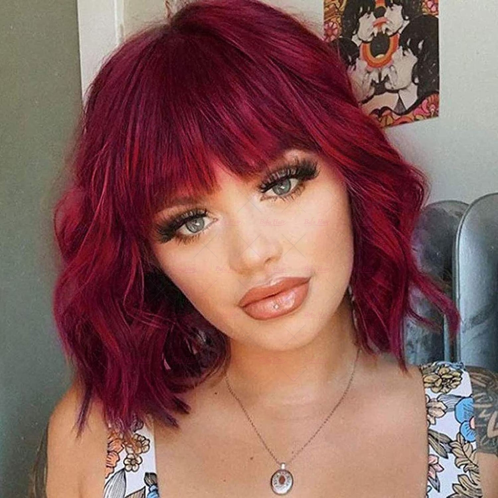 Wholesale Throw On&GO;Go Body Wave Bob Ombre Color Red Bob Wig With Curtain Bangs 150% Density