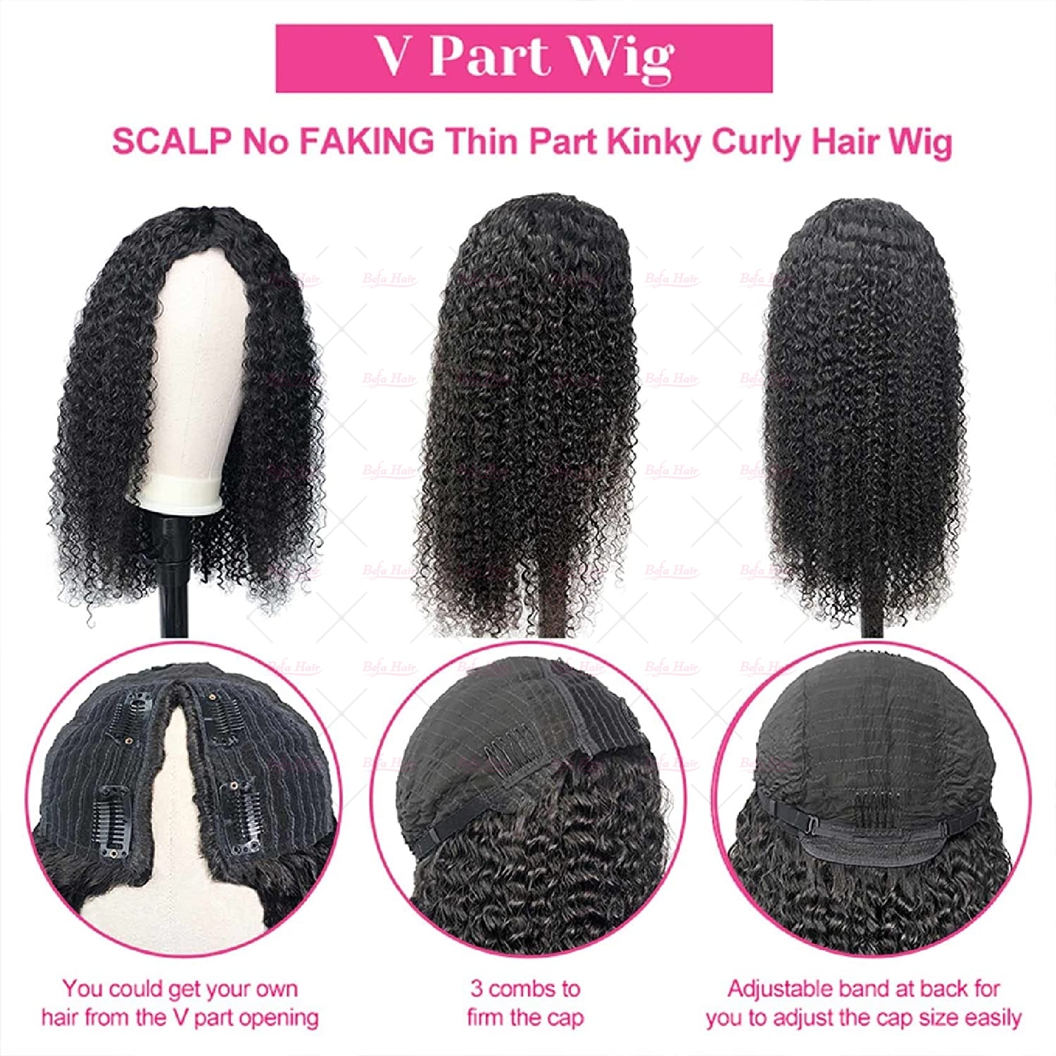 Wholesale V Part Human Hair Wigs Brazilian Virgin Kinky Curly 200% Density Pre Plucked Glueless Middle Part Wig