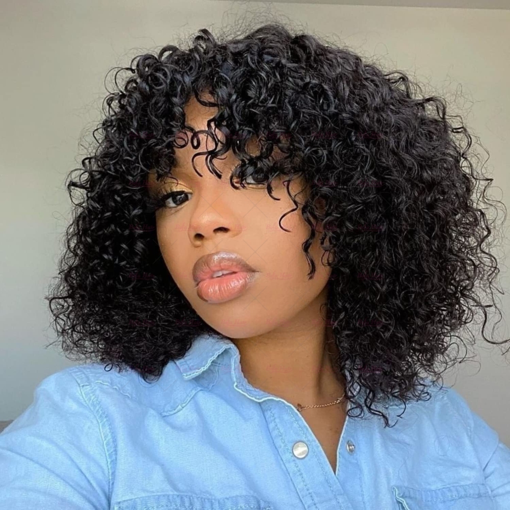Wholesale Throw On&Go Natural Black Deep Curly Bob Wig With Bangs 150% Density Wig(BOB03)