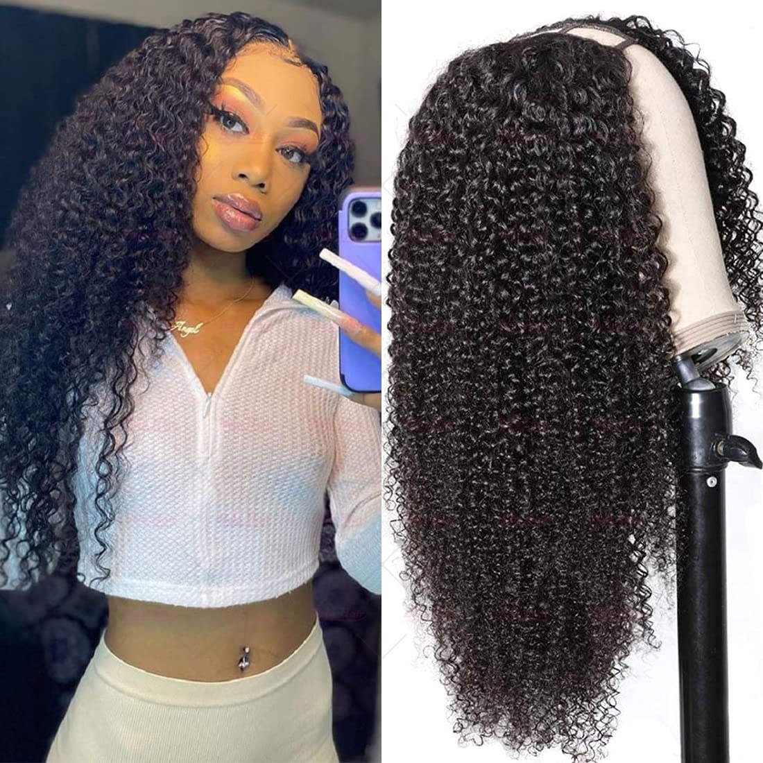 Wholesale U Part Human Hair Wigs Brazilian Virgin Kinky Curly 200% Density Pre Plucked Glueless Middle Part Wig