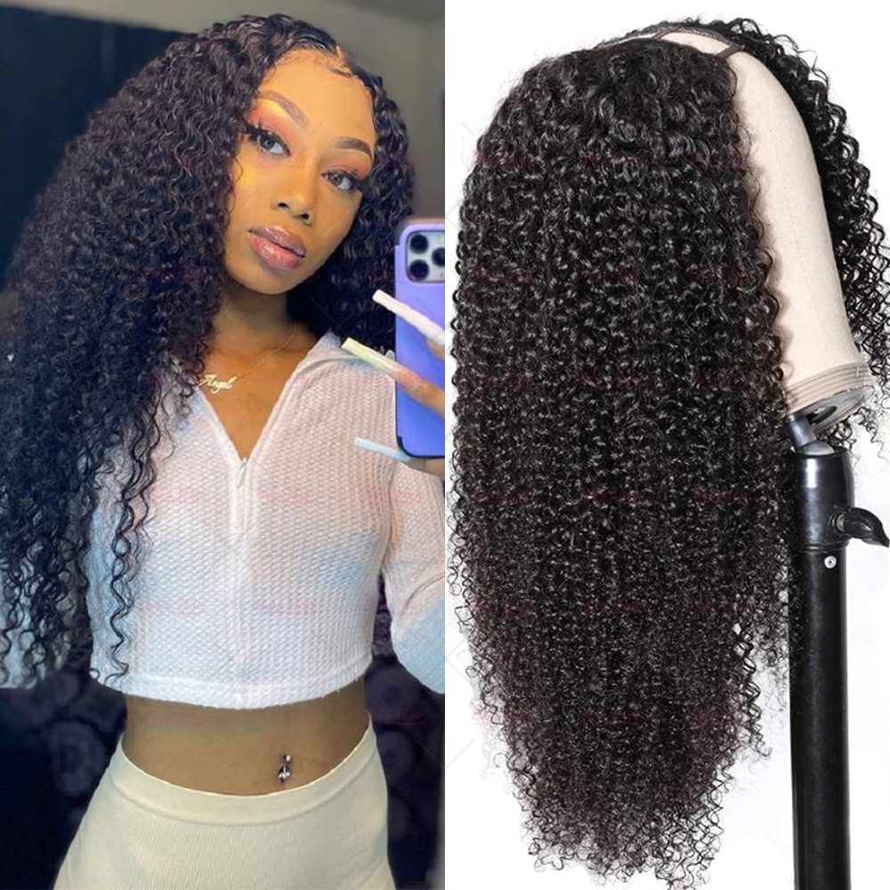 Wholesale U Part Human Hair Wigs Brazilian Virgin Kinky Curly 200% Density Pre Plucked Glueless Middle Part Wig