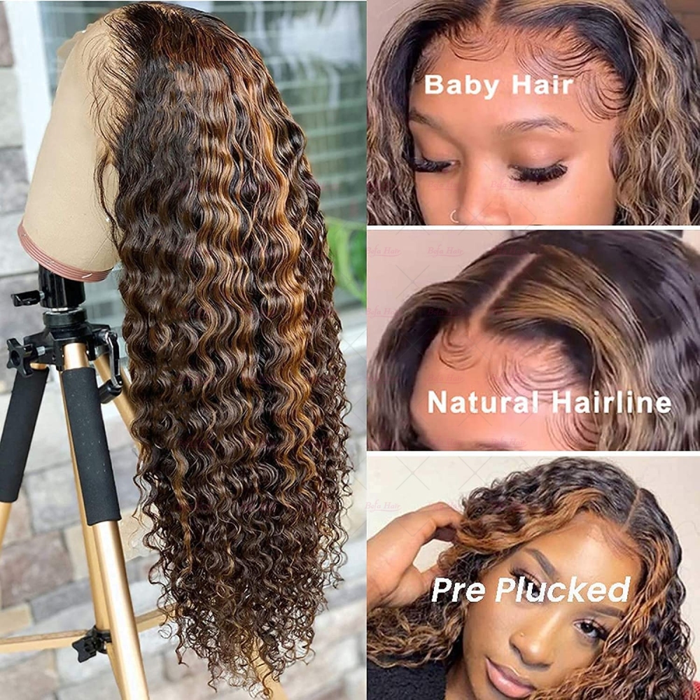 Wholesale Highlight P4/27# Deep Curly 4X4 5X5 13X4 13X6 360 HD/ Transparent Lace Wig Pre-plucked Human Hair Wigs