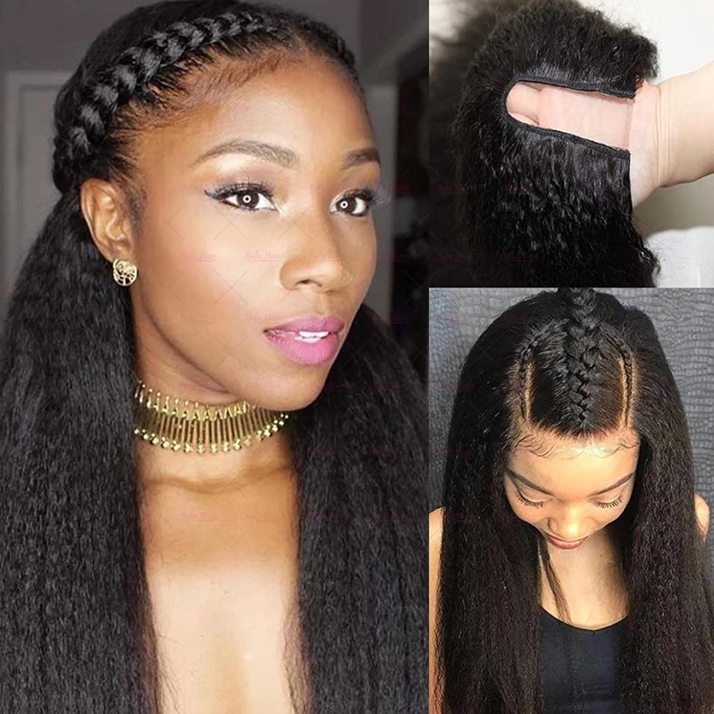 Wholesale U Part Human Hair Wigs Brazilian Virgin Kinky Straight 200% Density Pre Plucked Wig