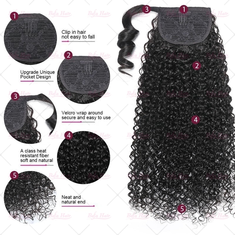 Wholesale Jerry Curly Ponytail Human Hair Clip in Wrap Around Remy Human Hair Hairpieces Natural Black