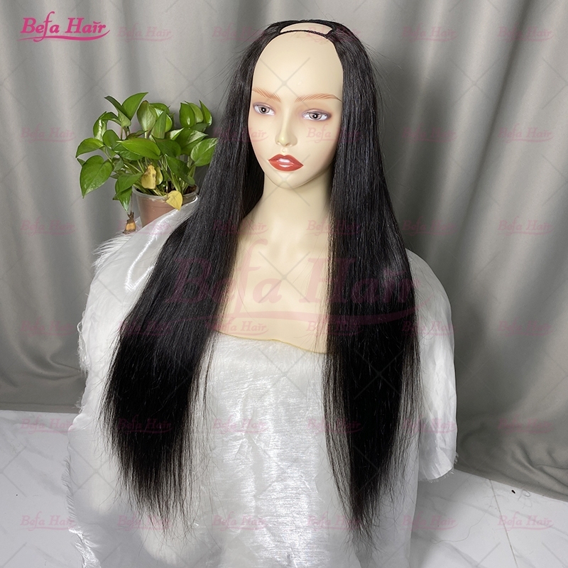 Wholesale U Part Human Hair Wigs Brazilian Virgin Straight 200% Density Pre Plucked Glueless Middle Part Wig