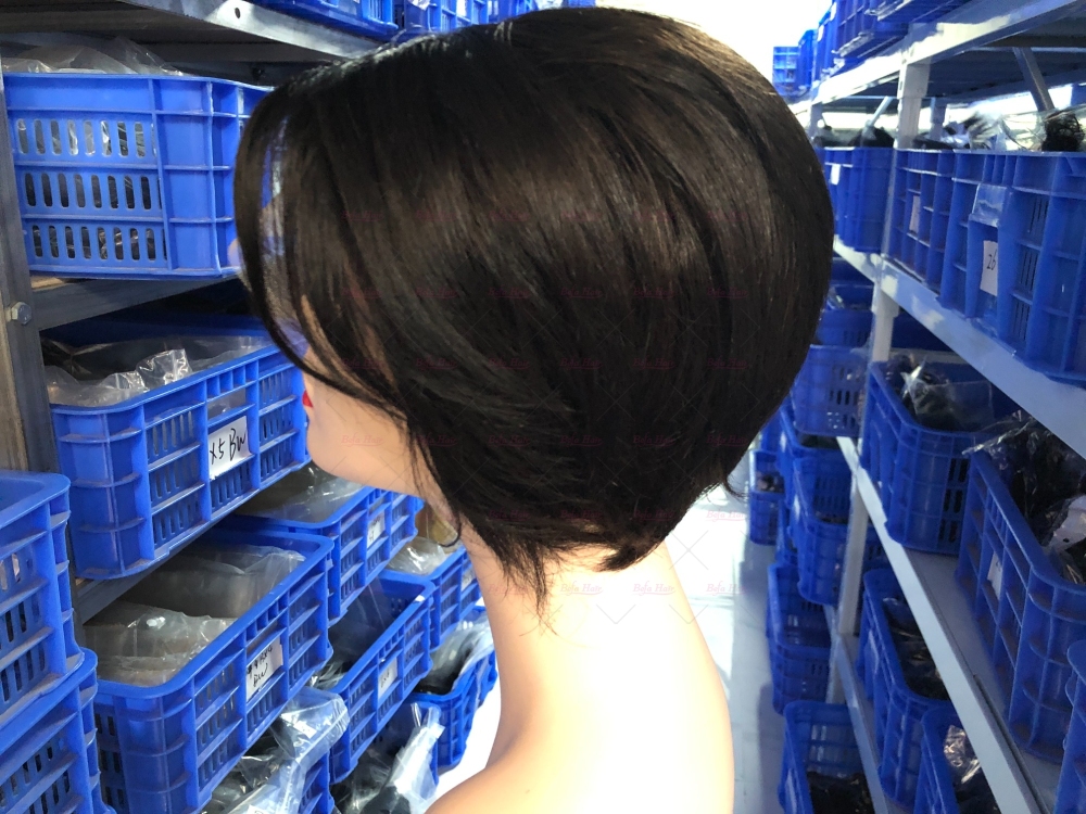 Wholesale T Lace Virgin Human hair Natural Black Color Pixie Hair Short Cut Wig