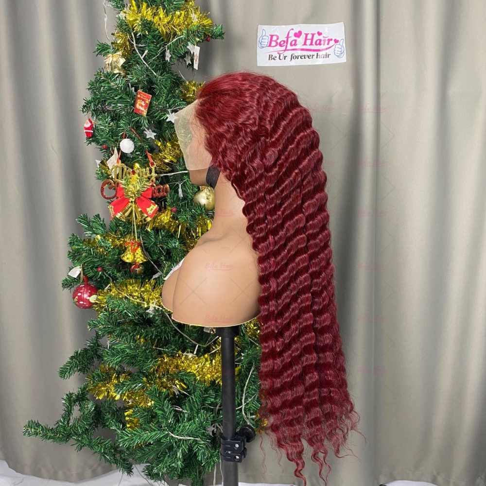 Wholesale High Density 99J Human Hair Wig 4x4/ 5x5/ 13x4/ 13x6 Transparent Lace 99J Deep Wave Wig Colored Wigs