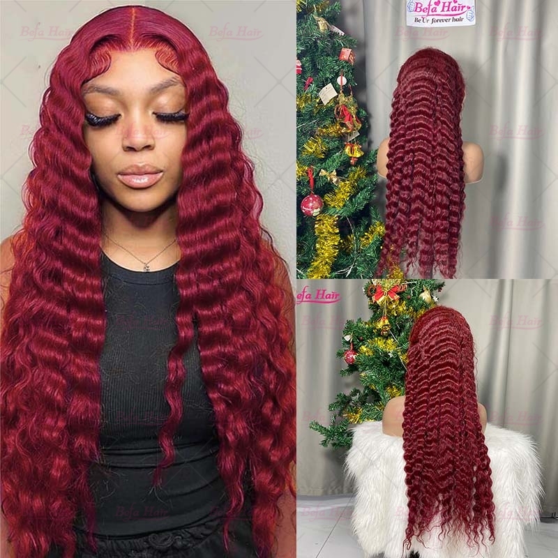 Wholesale High Density 99J Human Hair Wig 4x4/ 5x5/ 13x4/ 13x6 Transparent Lace 99J Deep Wave Wig Colored Wigs
