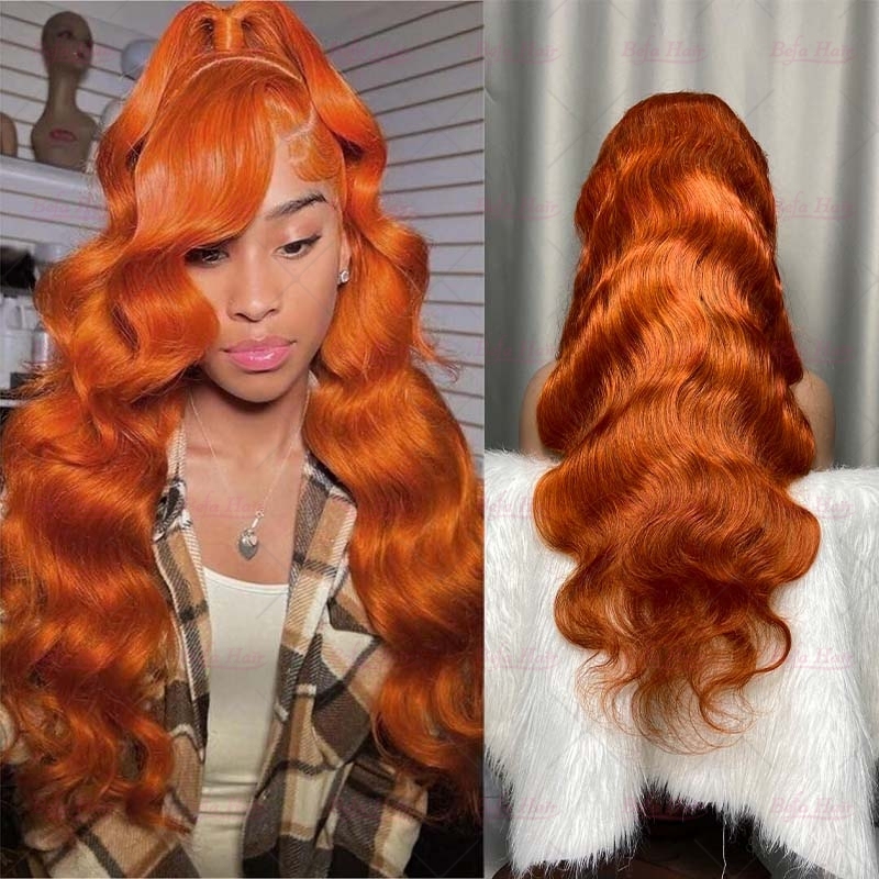 Ginger Orange Color Body Wave Human Hair Wigs 4x4/ 5x5/ 13x4/ 13x6 Transparent Lace Shiny Orange Hair Wig
