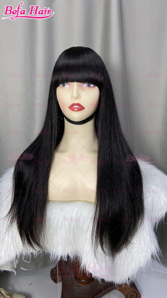 Wholesale None Lace Human Hair Wig 200% Density Bone Straight Natural Black Hair Wig With Bangs