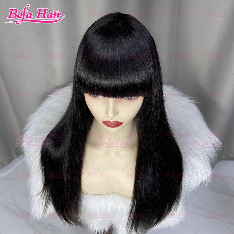 Wholesale None Lace Human Hair Wig 200% Density Bone Straight Natural Black Hair Wig With Bangs