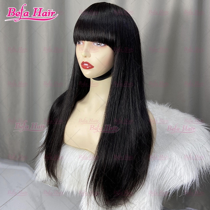 Wholesale None Lace Human Hair Wig 200% Density Bone Straight Natural Black Hair Wig With Bangs