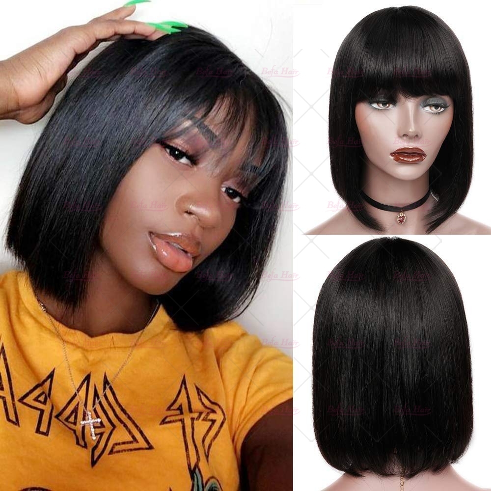 Wholesale Wear and Go Wigs 180% Density Natural Black Bob Wig Glueless 10-16 inch Straight Hair Bob Wig With Bang