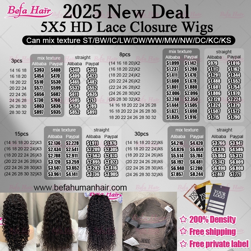 2025 New Deals 5X5 HD Lace Closure Wigs (Can mix texture ST/BW/IC/LW/DW/WW/MW/NW/DC/KC/KS)