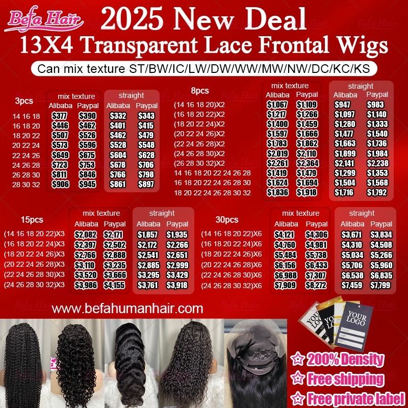 2025 New Deals 13X4 Transparent Lace Frontal Wigs (Can mix texture ST/BW/IC/LW/DW/WW/MW/NW/DC/KC/KS)