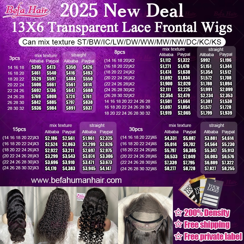 2025 New Deals 13X6 Transparent Lace Frontal Wigs (Can mix texture ST/BW/IC/LW/DW/WW/MW/NW/DC/KC/KS)