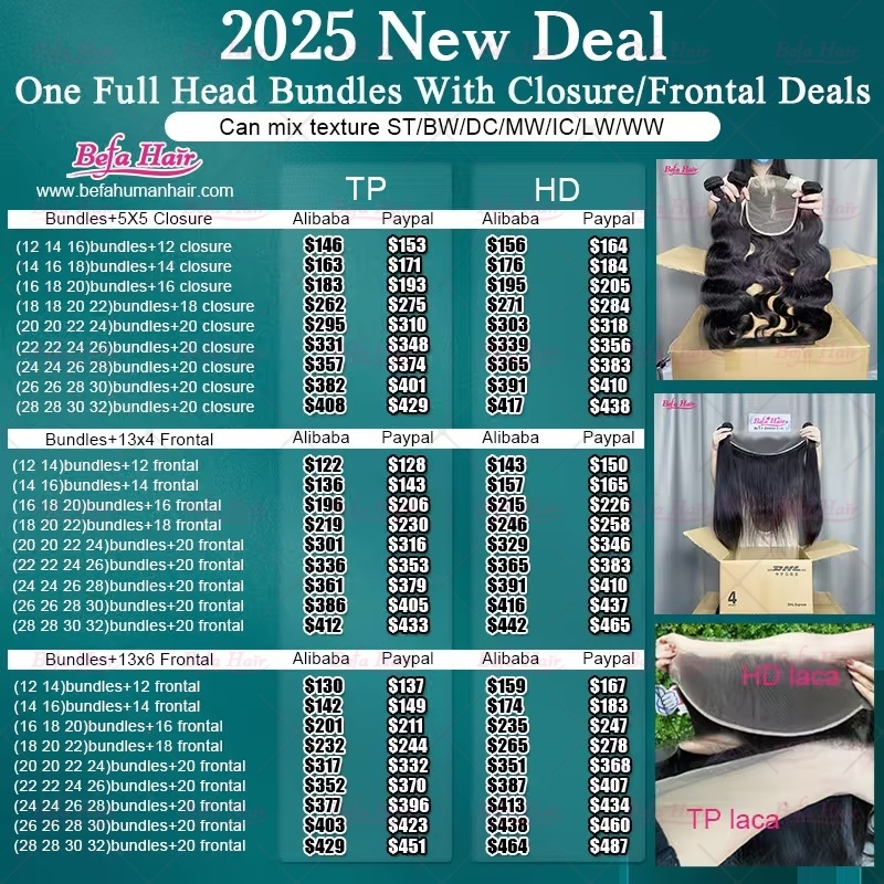 One Full Head Bundles with Closure/Frontal Deals (Can mix texture for ST/BW/DC/MW/IC/LW/WW)