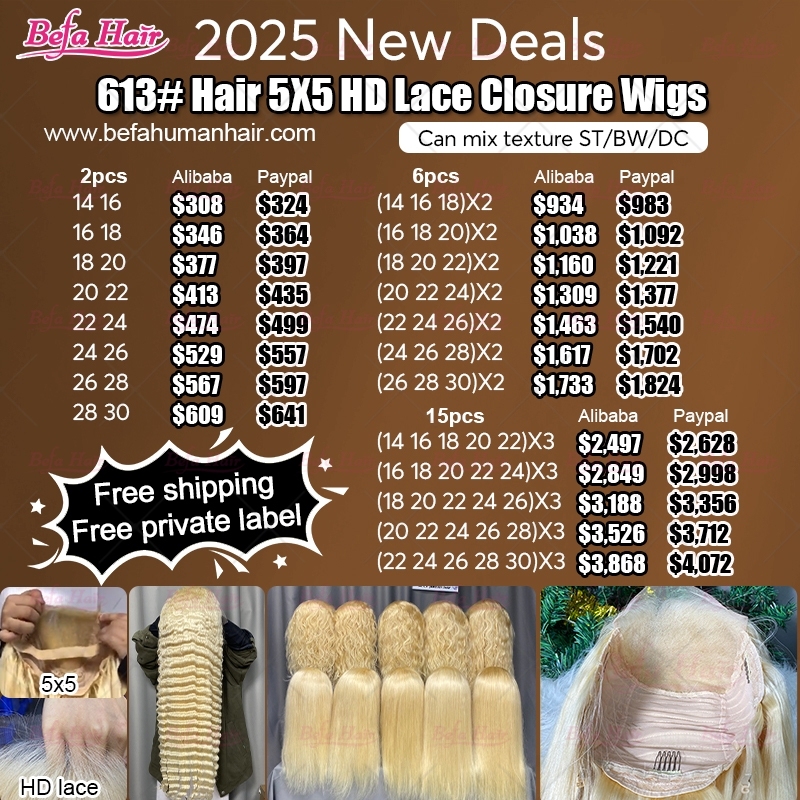 2025 New Deals 613# Hair 5x5 HD Lace Closure Wigs Deals (Can Mix Texture for ST/BW/DC)