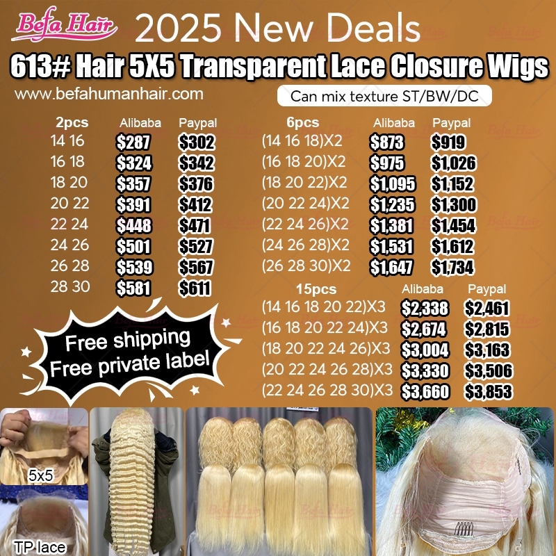 2025 New Deals 613# Hair 5x5 Transparent Lace Closure Wigs Deals (Can Mix Texture for ST/BW/DC)