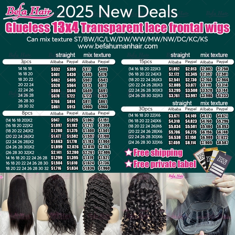 2025 New Deals Glueless 13X4 Transparent Lace Frontal Wigs (Can mix texture ST/BW/IC/LW/DW/WW/MW/NW/DC/KC/KS)