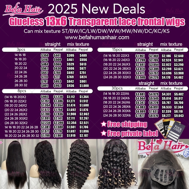 2025 New Deals Glueless 13X6 Transparent Lace Frontal Wigs (Can mix texture ST/BW/IC/LW/DW/WW/MW/NW/DC/KC/KS)