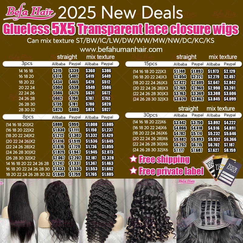 2025 New Deals Glueless 5X5 Transparent Lace Closure Wigs (Can mix texture ST/BW/IC/LW/DW/WW/MW/NW/DC/KC/KS)