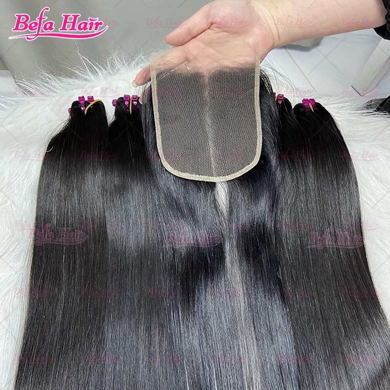 Wholesale Vietnamese Hair Double Drawn 3Bundles/ 4Bundles Straight Hair With 5x5 Transparent Lace Closure