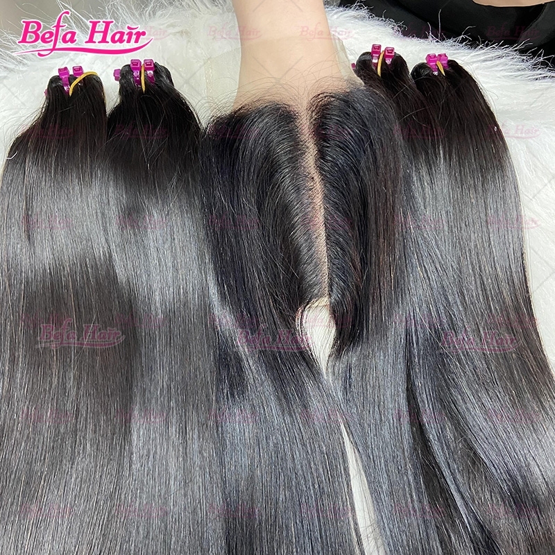 Wholesale Vietnamese Hair Double Drawn 3Bundles/ 4Bundles Straight Hair With 5x5 Transparent Lace Closure
