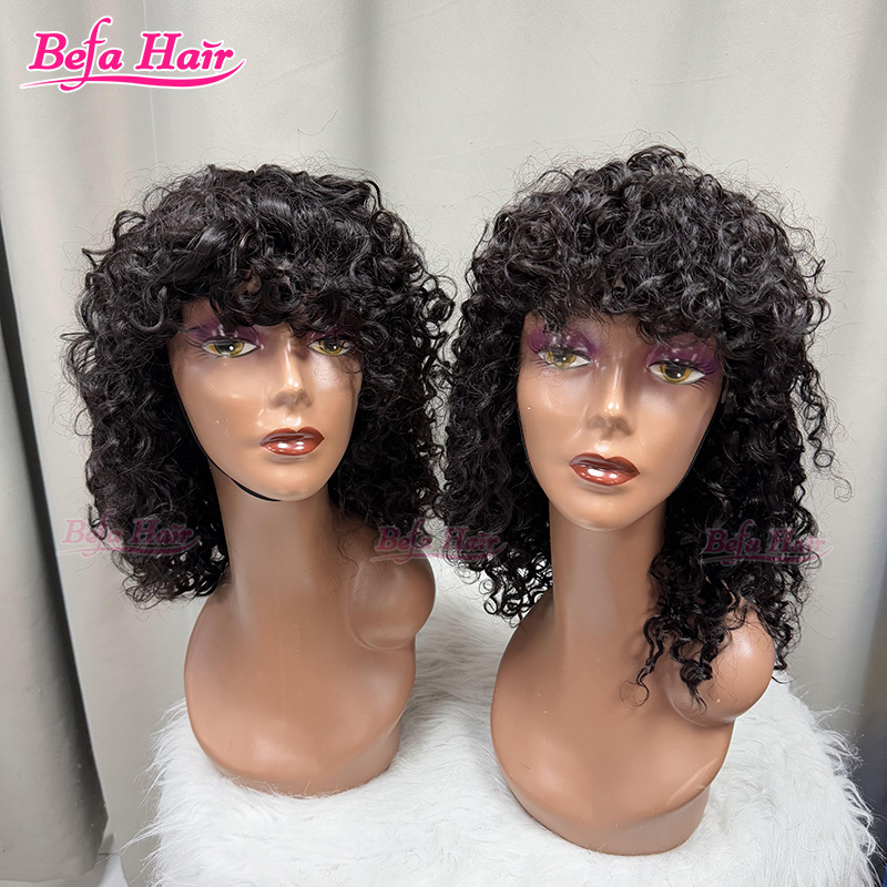 Befa Hair Human Hair Kinky Curly Bangs Wig Natural Black Cuticle Aligned wear and go Wig Unprocessed Human Hair Wig
