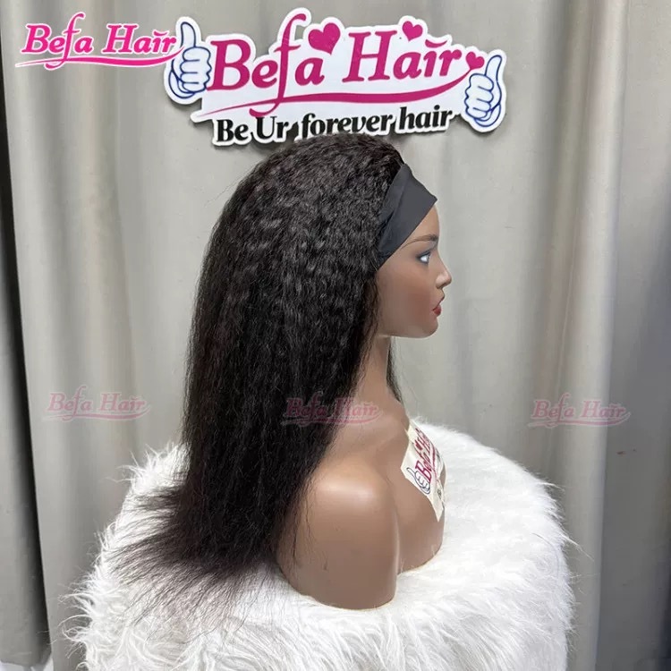 Befa Hair Wholesale Kinky Straight Headband Wig Human Hair 200% Density Natural Black Headband Wig