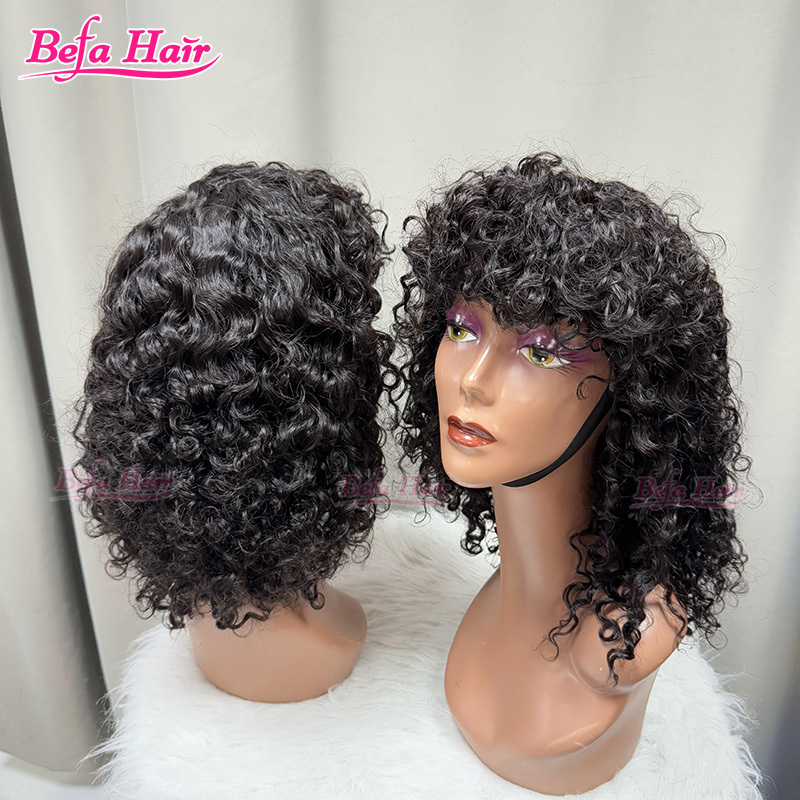 Befa Hair Human Hair Kinky Curly Bangs Wig Natural Black Cuticle Aligned wear and go Wig Unprocessed Human Hair Wig