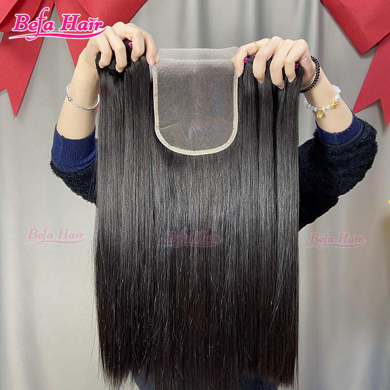 Befa Hair Wholesale Vietnamese Hair Double Drawn 3Bundles/ 4Bundles Straight Hair With 5x5 Transparent Lace Closure
