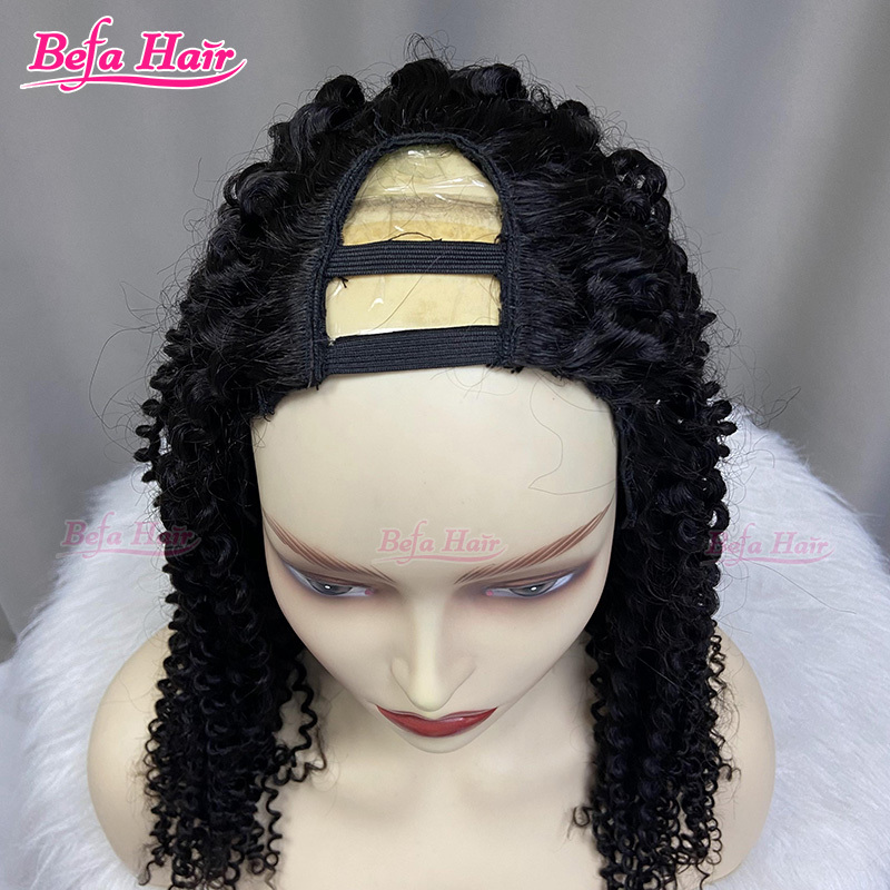 Befa Hair Wholesale U Part Human Hair Wigs Brazilian Virgin Kinky Curly 200% Density Pre Plucked Glueless Middle Part Wig