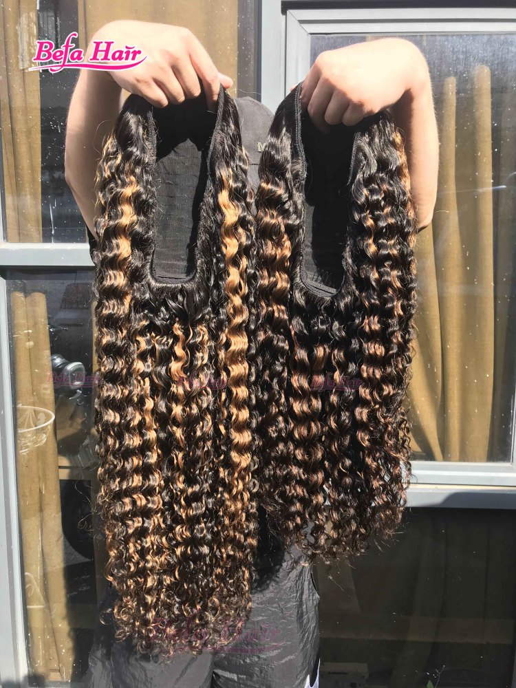 Befa Hair Human Hair Deep Curly Half Wig Piano Color P4/27# Cuticle Aligned wear and go Wig Unprocessed Human Hair Wig