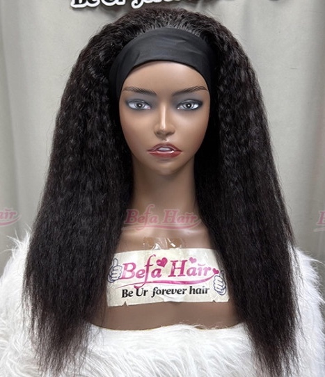 Befa Hair Wholesale Kinky Straight Headband Wig Human Hair 200% Density Natural Black Headband Wig