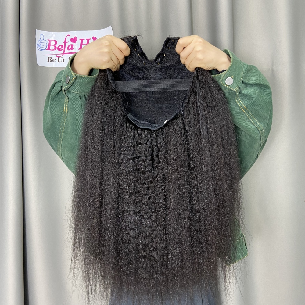 Befa Hair Wholesale V Part Human Hair Wigs Brazilian Virgin Kinky Straight 200% Density Pre Plucked Glueless Middle Part Wig