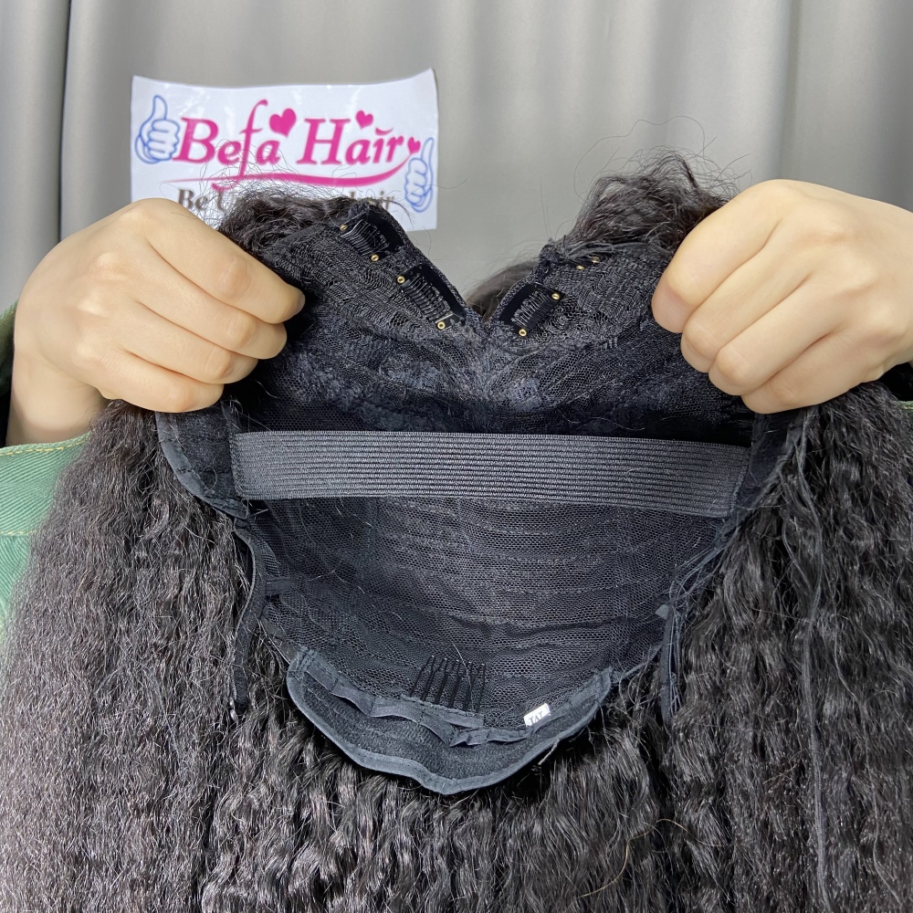 Befa Hair Wholesale V Part Human Hair Wigs Brazilian Virgin Kinky Straight 200% Density Pre Plucked Glueless Middle Part Wig