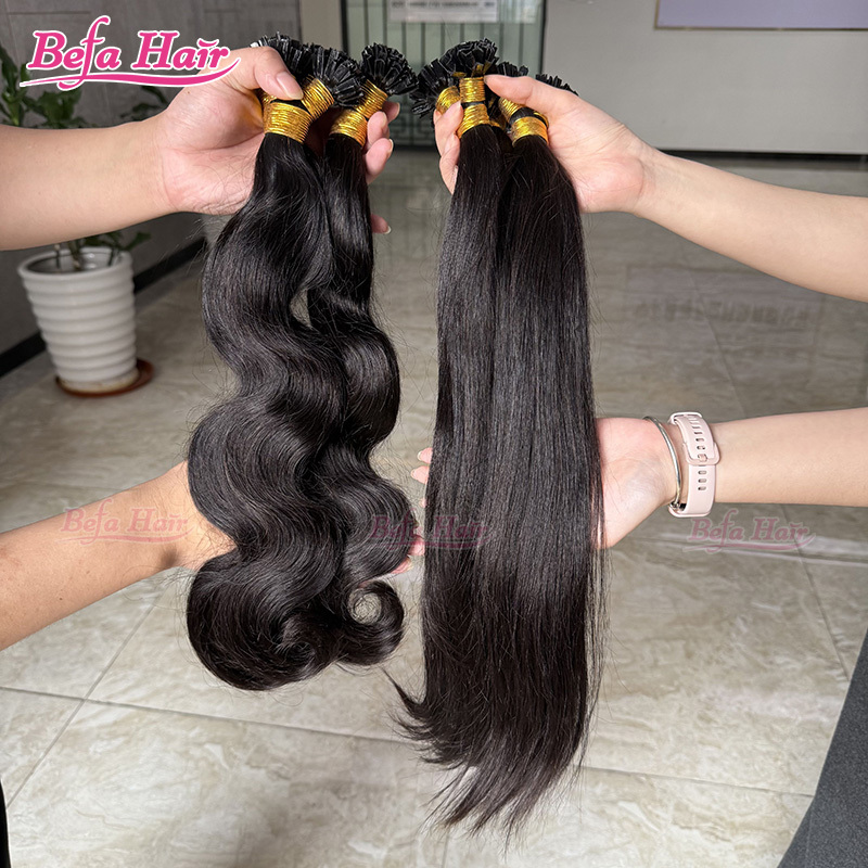 Befa Hair Wholesale Cuticle Aligne Hair 12"-30"inch K-tips Keratin Human Hair Extensions Natural Black Body Wave Straight Hair Extensions