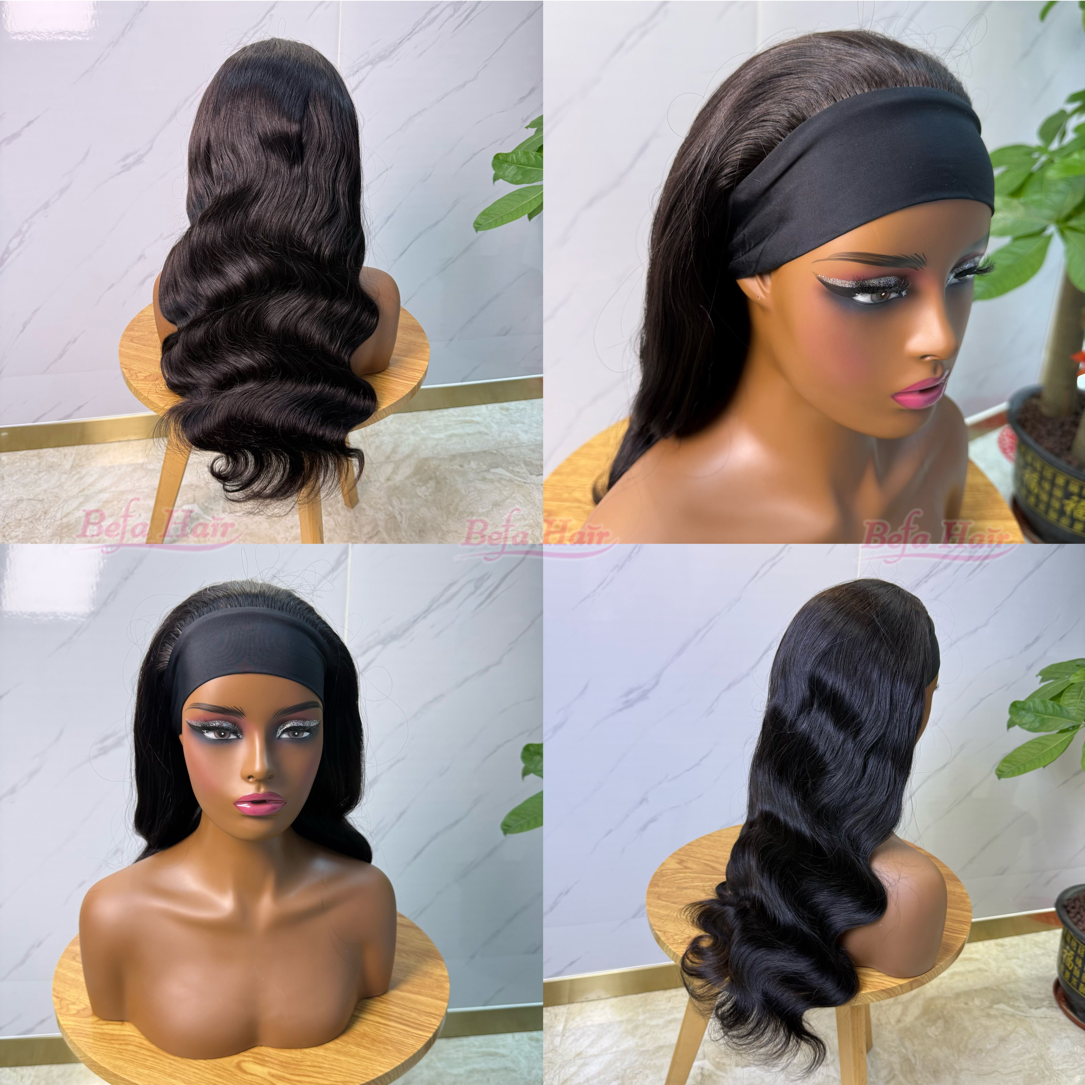 Befa Hair Wholesale Body Wave Headband Wig Human Hair 200% Density Natural Black Headband Wavy Wig